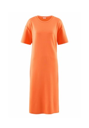 Oranges T-Shirt-Kleid aus weichem Stoff, mit kurzen Ärmeln, rundem Ausschnitt und geradem Schnitt, der bis zur Mitte der Wade reicht.