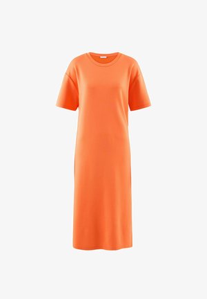 Oranje t-shirt jurk van zachte stof, met korte mouwen, een ronde halslijn en een rechte snit, die tot halverwege de kuit reikt.