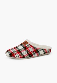 Pantofole a quadri con motivo rosso, nero e crema; morbida fodera in pelliccia sintetica; design senza lacci; toppa con logo color beige; soletta imbottita.