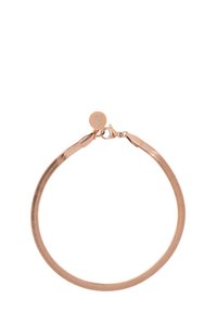 Rose gold bracelet featuring a smooth, textured surface, a secure clasp, and a small emblem detail. Circular design, flexible, elegant finish.