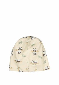 Panda-kuosisella pipolla pehmeää, vaaleankeltaista kangasta. Siinä on sarjakuvapandoja, bambua ja lehtiä. Pyöreä yläosa, pehmeä rakenne ja joustava istuvuus.