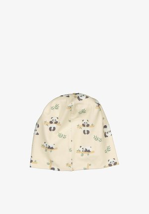 Panda-kuosisella pipolla pehmeää, vaaleankeltaista kangasta. Siinä on sarjakuvapandoja, bambua ja lehtiä. Pyöreä yläosa, pehmeä rakenne ja joustava istuvuus.