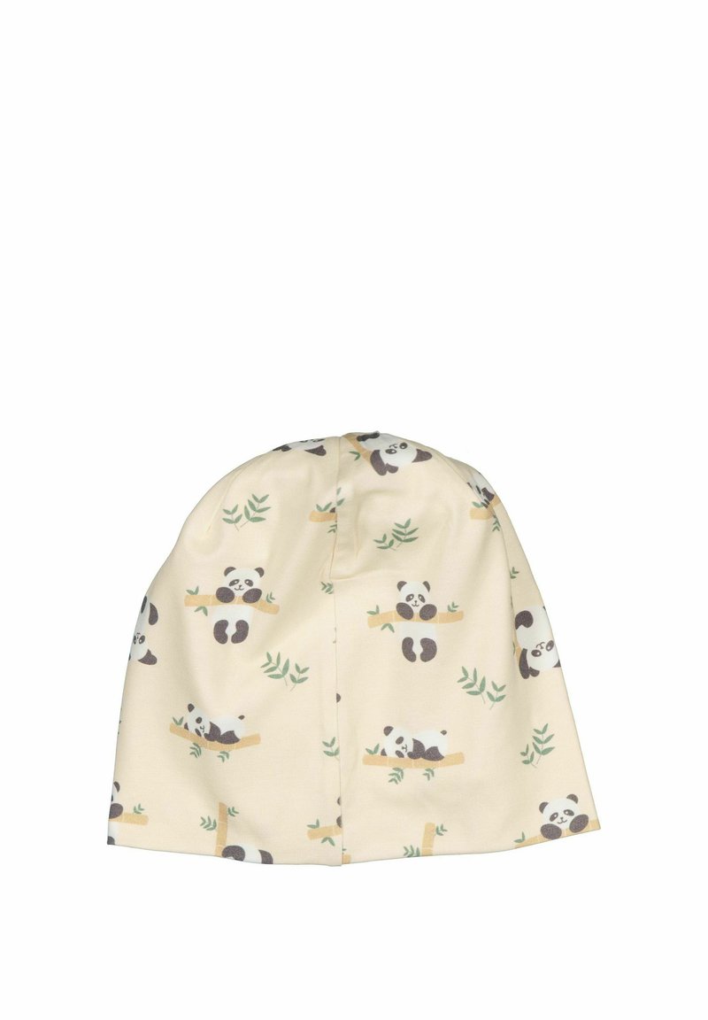 Panda-kuosisella pipolla pehmeää, vaaleankeltaista kangasta. Siinä on sarjakuvapandoja, bambua ja lehtiä. Pyöreä yläosa, pehmeä rakenne ja joustava istuvuus.