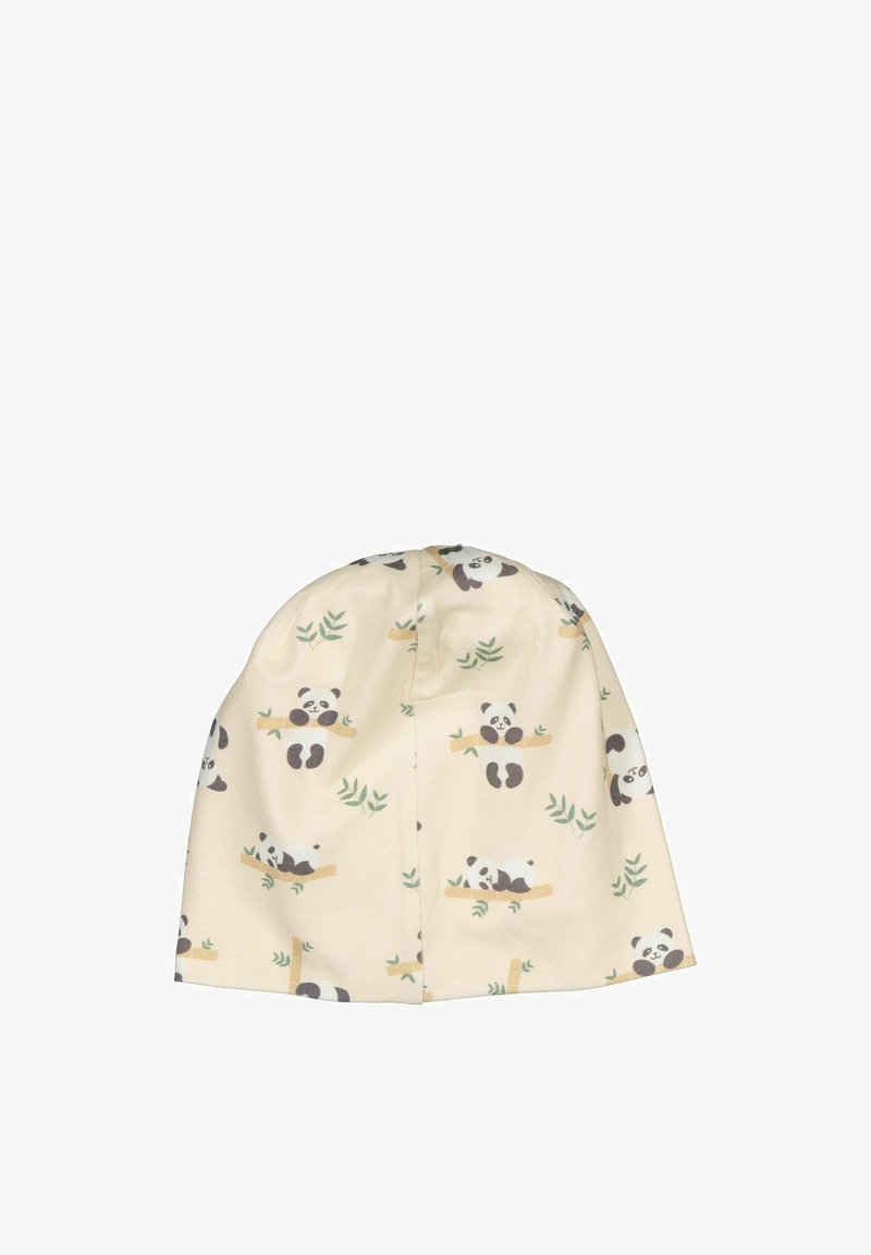 Panda-print hue i blødt, lysegult stof. Har tegneserie-pandaer med bambus og blade. Rundt top, blød tekstur og strækbar pasform.