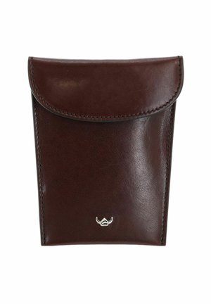 Dark brown leather pouch with flap closure and small silver bull horn logo at the bottom center on a white background.