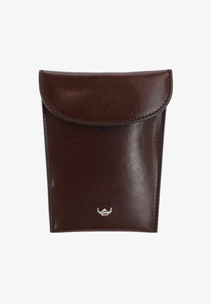 Dark brown leather pouch with flap closure and small silver bull horn logo at the bottom center on a white background.