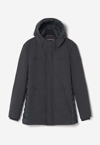 Donkergrijze geïsoleerde jas met een capuchon, vervaardigd van gladde stof, met ritszakken en een doorgestikte textuur aan de zijkanten.