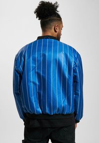 Blue bomber jacket with white vertical stripes, shiny material, ribbed black collar and hem, featuring relaxed fit and elastic cuffs.