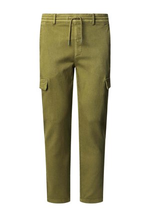 Pantaloni cargo verde oliva con vita elastica regolabile, due tasche laterali, tessuto texture e design a gamba affusolata.