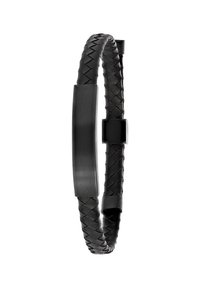 Black leather bracelet featuring a braided design, flat black metal centerpiece, smooth texture, and two small metal clasps.