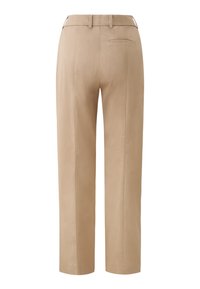 Beige tailored trousers with a smooth texture, featuring a straight leg design, belt loops, and a back pocket.