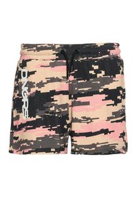 Camouflage shorts in shades of black, pink, and tan. Features an elastic waistband with drawstring and a white logo on the side.