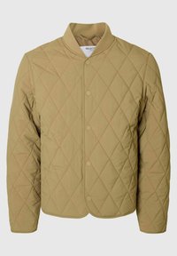 Kurtka pikowana w khaki z kołnierzem stojącym, z diamentowym przeszyciem, zatrzaskami i gładką, matową teksturą.