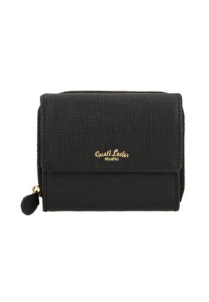 Portafoglio nero con superficie testurizzata, hardware in tono oro e chiusura a zip. Presenta una patta con logo impresso e un tirante della zip decorativo.
