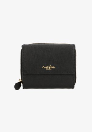 Schwarze Brieftasche mit strukturierter Oberfläche, goldfarbenen Beschlägen und einem Reißverschluss. Verfügt über einen Umschlag mit geprägt Logo und einem dekorativen Reißverschlussziehgriff.