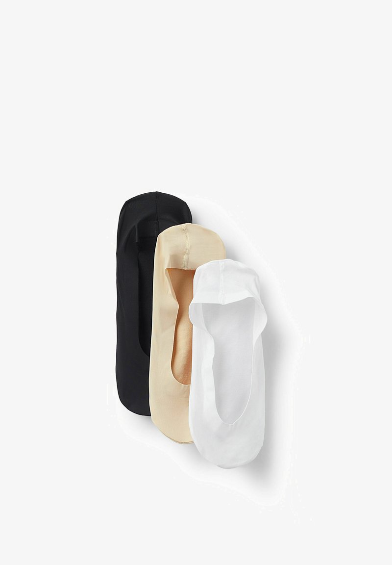 Paquete múltiple de calcetines invisibles en negro, beige y blanco. Cada par presenta un diseño bajo con tela suave y lisa.