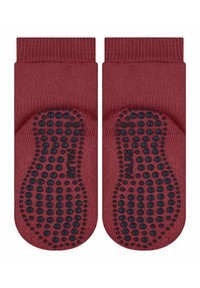 Bordowe skarpetki z teksturowanym przędzy wzorem. Czarny gumowy wzór antypoślizgowy na podeszwach dla lepszej przyczepności. Gładka mankiet u góry.