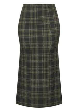 Olivgrüner und schwarzer karierter Midi-Bleistiftrock mit hoher Taille und geradem Schnitt.