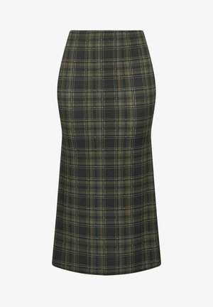 Oliwkowo-zielona i czarna kraciasta ołówkowa spódnica midi z wysokim stanem i prostą sylwetką.