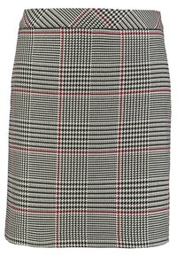 Geruite rok met een houndstooth-patroon in zwart, wit en rood. Slank ontwerp, textuurstof en een getailleerde taille.