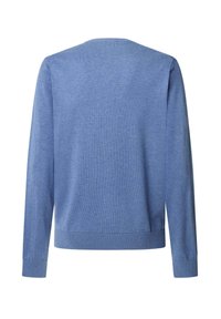 Lichtblauwe gebreide trui met lange mouwen en een ronde hals. De stof heeft een soepele textuur met een licht geribbelde zoom en manchetten.