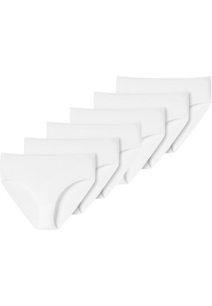 Białe bawełniane slipy w opakowaniu sześciu sztuk. Charakteryzują się gładką teksturą, klasycznym krojem oraz elastyczną gumką w talii. Prosty design bez wzorów.