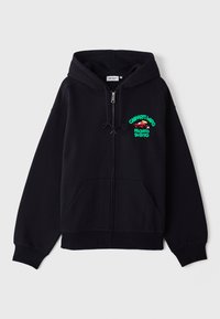Black zip-up hoodie made of soft cotton. Features front pockets, drawstring at the hood, and multicolored graphic on chest.