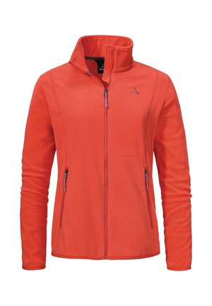 Rote Fleecejacke mit hohem Kragen, Frontreißverschluss und zwei seitlichen Reißverschlusstaschen; mit einem Logo im Bereich der linken Brust.