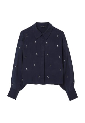 Blusa a maniche lunghe blu navy con colletto a punta, chiusura con bottoni e piccoli motivi floreali ricamati bianchi sparsi.