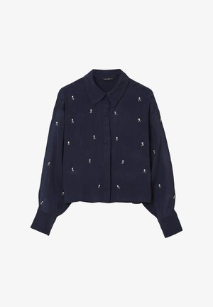 Marineblaues Langarmbluse mit spitzem Kragen, Knopfverschluss und verstreuten kleinen weißen gestickten Blumenmustern.