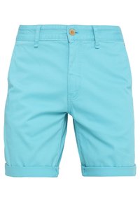 Světle modré bavlněné šortky se zahnutaými manžetami, předním zapínáním na knoflík, poutky na pásek a standardními kapsami. Hladká textura a dobře zvolený střih.