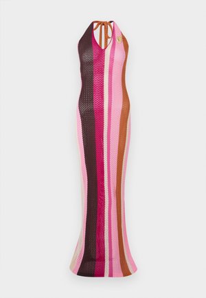 Multicolored knit dress featuring vertical stripes in pink, brown, and cream. Halter neckline with tie detail and a fitted silhouette.