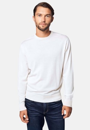 Mann mit kurzem braunem Haar und Bart, der einen weißen Pullover mit langen Ärmeln und dunkelblaue Jeans trägt, steht vor einem einfarbigen Hintergrund.