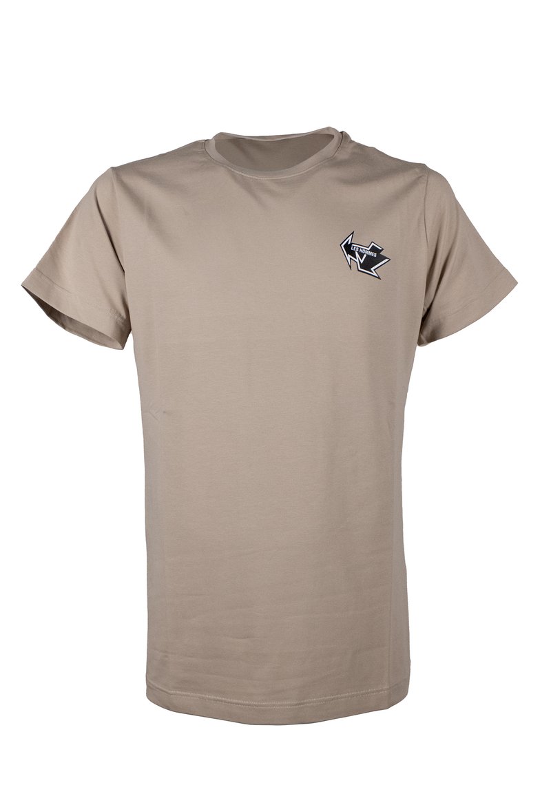 Short-sleeve beige t-shirt made of cotton. Features a small black and white logo on the left chest. Straight hem and crew neck design.