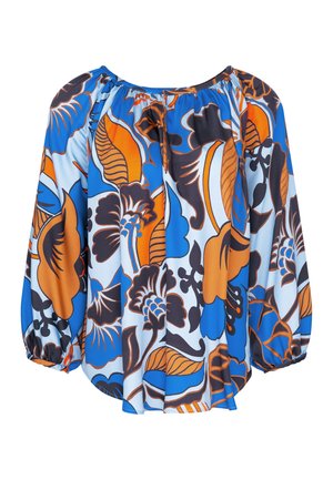 Blusa floreale colorata con motivi blu, arancioni e neri, dalla vestibilità rilassata, scollatura arricciata e maniche lunghe a palloncino.