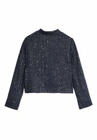 Giacca blu navy accorciata realizzata in tessuto testurizzato con dettagli in filo metallico, caratterizzata da maniche lunghe e scollatura rotonda.