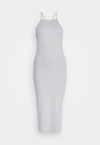 Vestido midi em cinza claro, com canelado e alças finas, silhueta justa e design sem costuras, feito de um tecido elástico para maior conforto.