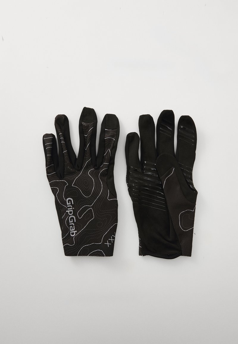 Black gloves with a textured grip, featuring a contour pattern in white. Made of stretchy material; designed for a snug fit.