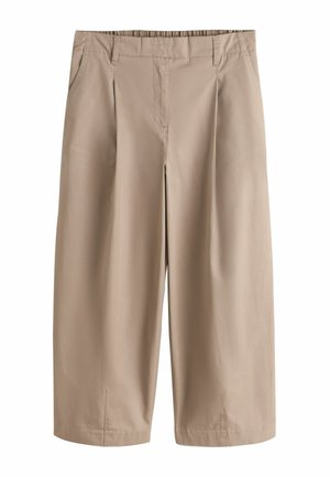 Beige weit geschnittene, knöchellange Hose mit vorderen Falten, Seitentaschen, Gürtelschlaufen und einem taillierten Bund.