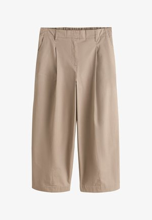 Beige wide-leg cropped pants with front pleats, side pockets, belt loops, and a fitted waistband.