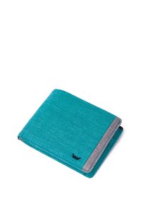 Turquoise fabric wallet with a gray accent stripe, bi-fold design, textured surface, and logo detail. Compact and functional shape.
