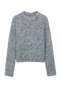 Maglione grigio a maglia con un motivo texturizzato, scollo tondo e maniche lunghe. Presenta un design cropped con polsini e orlo a coste.