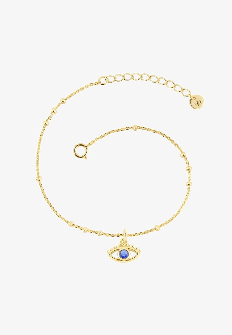 Aukso apyrankė su centriniu blogo akių žavesiu, kuriame yra mėlynas akmuo, dekoruota mažomis karoliukais palei grandinėlę. Reguliuojamo ilgio.