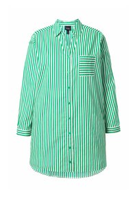 Camisa de rayas verdes y blancas con mangas largas, cierre de botones en el frente y un bolsillo en el pecho con un patrón de rayas más estrecho.