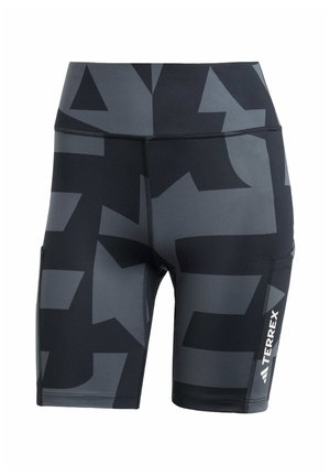 Shorts de sport à motifs noirs et gris, de coupe ajustée, fabriqués en matériau synthétique, avec une poche latérale et un logo de marque.