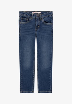 Denim jeans in dark blue with a slim fit. Features five pockets, yellow stitching, and a zip fly with a button closure.