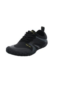 Black athletic shoe with a flexible sole, mesh upper, and rubber accents. Features laces and a heel tab for easy wear.