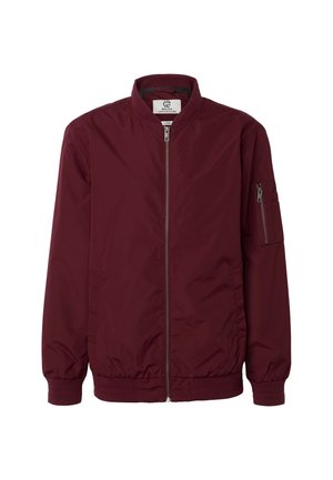 Bordeauxrød bomberjakke med lynlås foran, ribbet krave, manchetter, kant og lynlåslomme på venstre ærme, størrelse large.