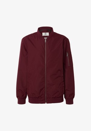 Bordeauxrød bomberjakke med lynlås foran, ribbet krave, manchetter, kant og lynlåslomme på venstre ærme, størrelse large.