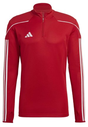 Rode sportieve pullover met een ritskraag, lange mouwen, witte drie-stripes accenten op de mouwen en gestructureerde schouderpanelen.